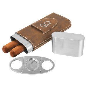 Rustic/Silver Laserable Leatherette Cigar Case with Cutter