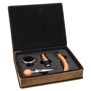 Rustic/Gold Laserable Leatherette 4-Piece Wine Tool Set