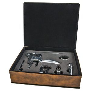 Rustic/Gold Laserable Leatherette 5-Piece Wine Tool Set